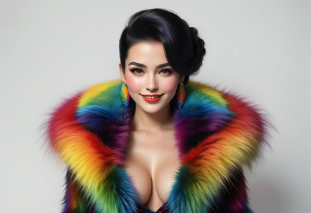 Portrait of beautiful asian woman in colorful fur coat, studio shotの素材