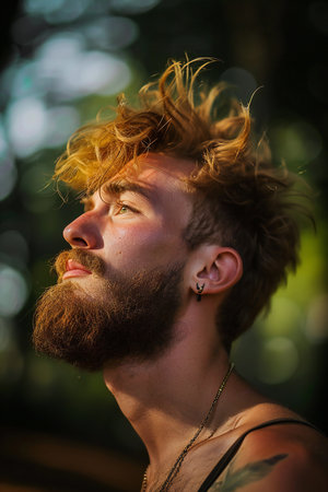 Portrait of a handsome young man with long red hair and beardの素材