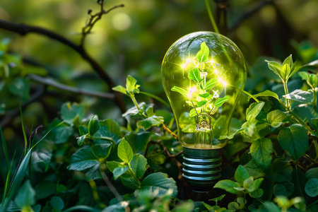 Green eco energy concept with light bulb and green plant in the forestの素材