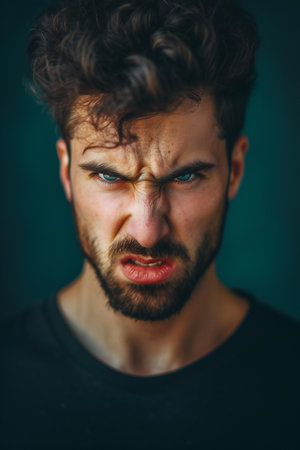 Portrait of a young man with a beard and mustache in a black T-shirtの素材
