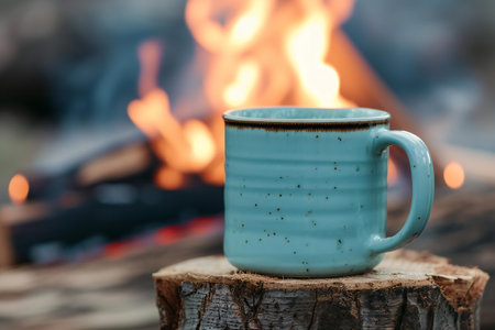 Blue cup of coffee on a log in front of a campfireの素材