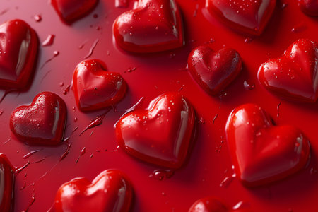 Valentine's day background with red hearts and drops of waterの素材