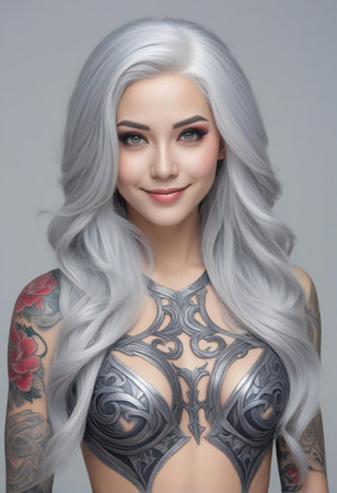Portrait of a beautiful woman with long silver hair and tattoos.の素材