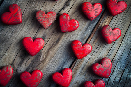 Valentine's day background with red hearts on old wooden backgroundの素材