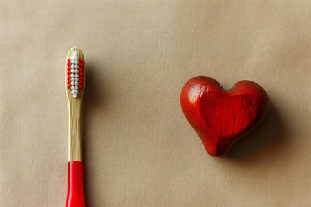 Red heart and toothbrush on a brown background. Concept of dental care.の素材