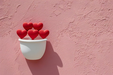 White cup with red hearts on pink wall background. Valentine's day conceptの素材