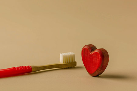 Wooden toothbrush and red heart on beige background. Copy space.の素材
