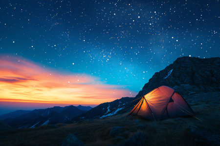 Camping in the mountains under the starry sky. The concept of travel and tourism.の素材