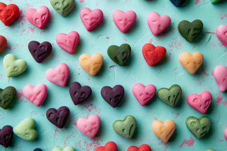 Colorful heart shaped candies on blue background. Top view.の素材