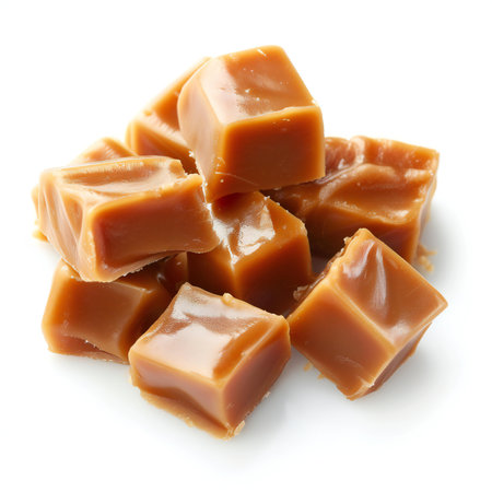 Tasty caramel candies on white background, top view. Dessertの素材