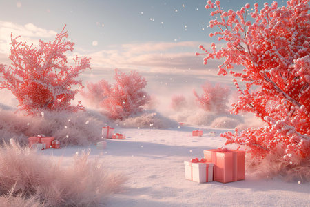Winter landscape with snow covered trees and gift boxes.の素材