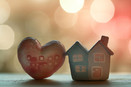 Two small toy houses with heart shape against bokeh background.の素材