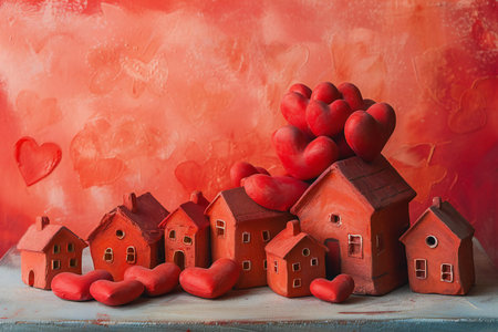 Valentine's day background with red hearts and wooden houses.の素材