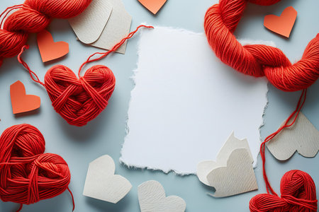 Valentine's Day background. Red thread, envelope and hearts on blue backgroundの素材