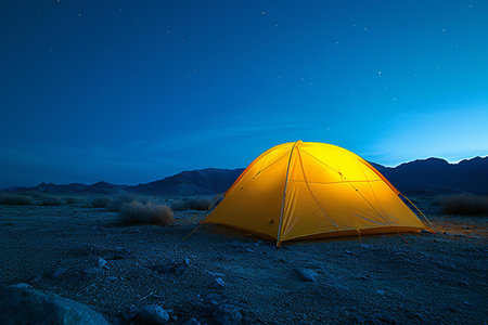 Yellow tent in the desert at night with starry sky background.の素材