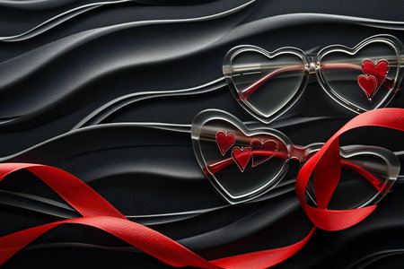 Valentine's day background with hearts and ribbon on black backgroundの素材