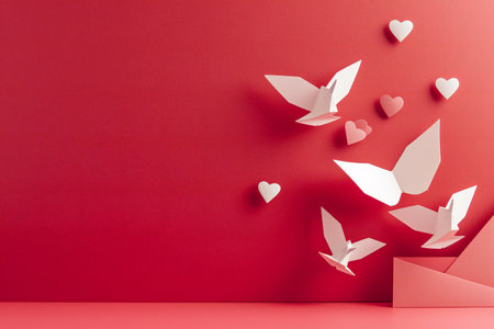 Paper origami birds flying on red background. Valentine's day conceptの素材