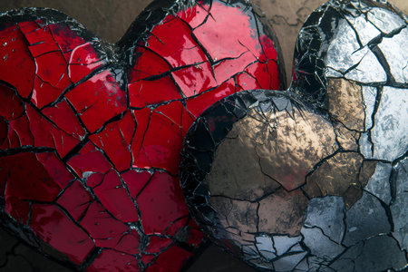 Valentine's Day background with red and black broken hearts.の素材