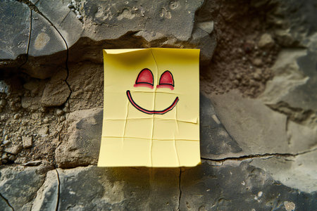 Yellow sticky note with smiley face on the wall. Conceptual imageの素材