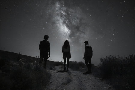 Silhouette of a group of friends looking at the milky wayの素材