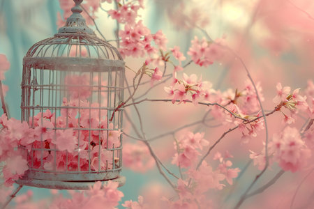 Cherry blossoms and birdcage in vintage style, spring backgroundの素材
