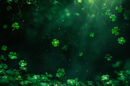 Green clover leaves on dark background with bokeh effect.の素材