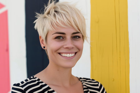 Portrait of a young beautiful woman with short blond hair smiling at the cameraの素材