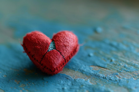 Red heart on a blue wooden background. Valentines day concept.の素材