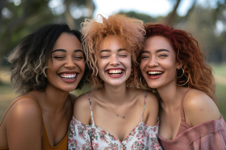 Portrait of three beautiful young women with afro hairstyle laughing and having fun in the parkの素材