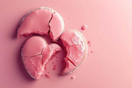 Broken heart-shaped cookie on a pink background, top viewの素材
