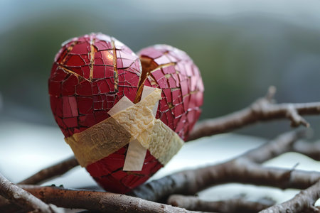 Red heart with a golden ribbon on a branch. Valentine's Day.の素材