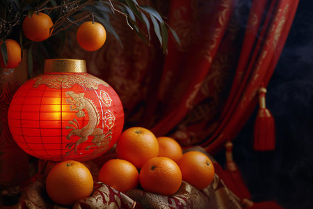 Chinese New Year decoration with mandarins and red lantern on a dark backgroundの素材