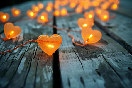 Valentines day background with heart shaped lights on rustic woodの素材