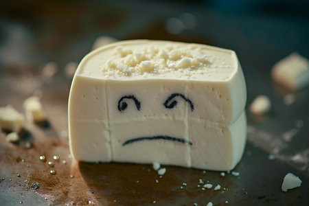 Sad face on a piece of white cheese. Selective focus. Toned.の素材