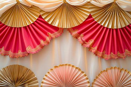 Colorful paper fans with gold and red stripes on a white backgroundの素材