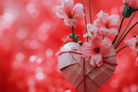 Valentine's day background with paper heart on red bokehの素材