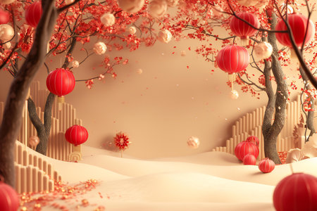 Chinese lanterns in the winter forest with copy spaceの素材