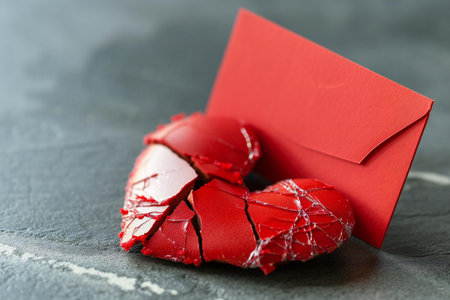 Broken heart and red envelope on grey background, closeup viewの素材