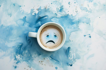 Coffee cup with sad face on blue watercolor splash backgroundの素材