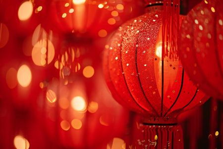 Red Chinese lanterns with bokeh background, close-upの素材