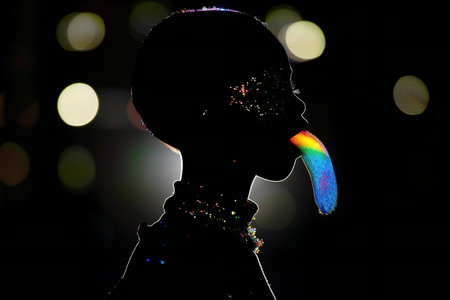 Silhouette of a child with rainbow bokeh background.の素材