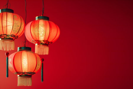 Chinese lanterns on red background with copy space for your text.の素材