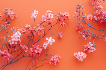Flowers composition. Pink flowers on orange background. Flat lay, top view, copy spaceの素材