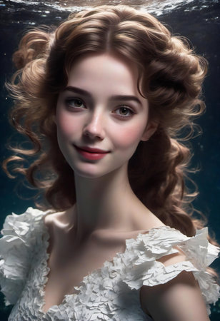 Portrait of a beautiful girl in a white dress with curls.の素材