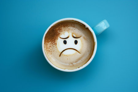 A cup of coffee with a sad face on a blue background.の素材