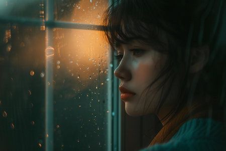 Portrait of a beautiful young woman looking through a window at night.の素材