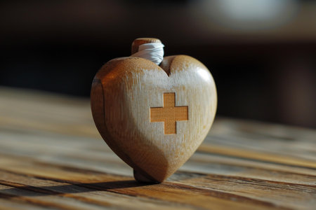 Wooden heart with a cross on the background of a wooden tableの素材