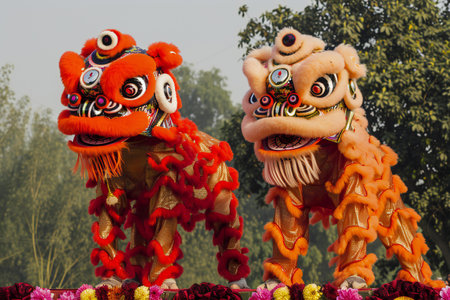 Chinese traditional lion dance in the park, closeup of photo.の素材