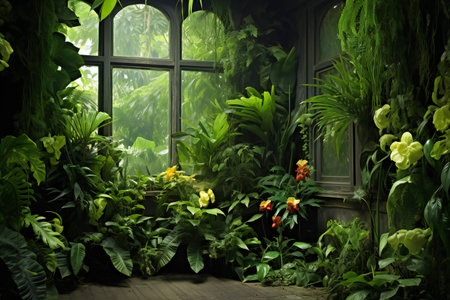 Beautiful green plants in a botanical garden with a window.の素材