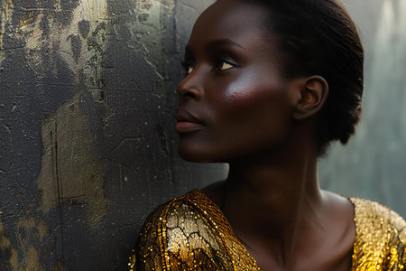 Beauty portrait of young african american woman in golden dressの素材